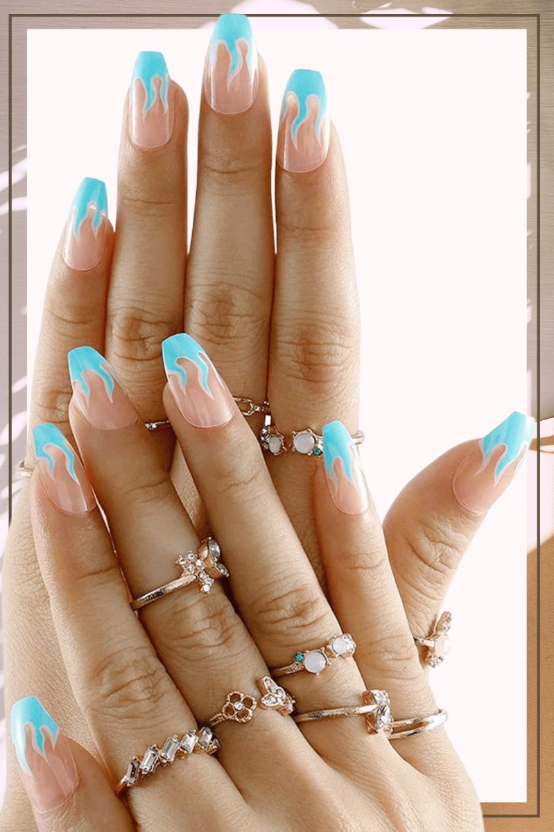 Press On Nails Clear Glossy French Tip Coffin Blue Flame Nail Kit