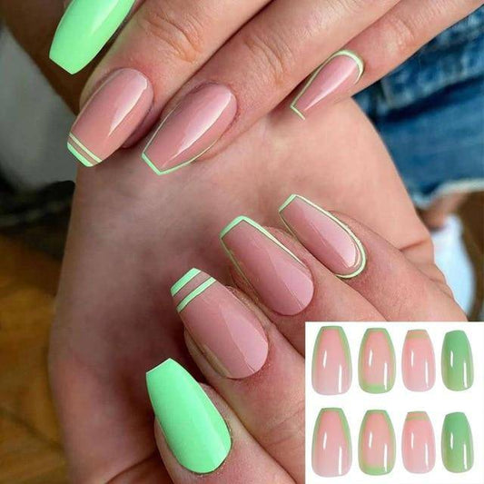 Press On Nails Gradient Matte Glossy Neon String Art Coffin Nail Kit