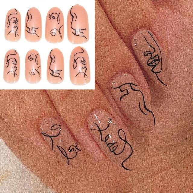 Press On Nails Gradient Matte Glossy Neon String Art Coffin Nail Kit