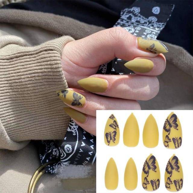 Press On Nails Gradient Matte Glossy Neon String Art Coffin Nail Kit