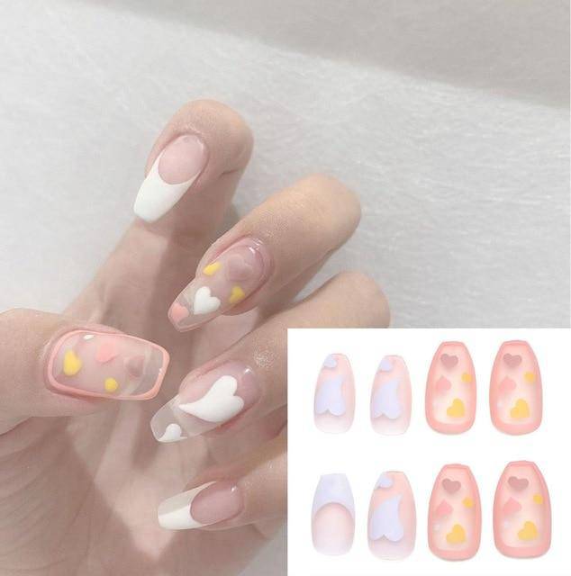 Press On Nails Gradient Matte Glossy Neon String Art Coffin Nail Kit