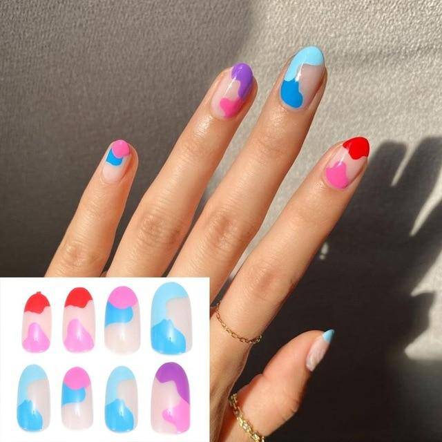 Press On Nails Gradient Matte Glossy Neon String Art Coffin Nail Kit