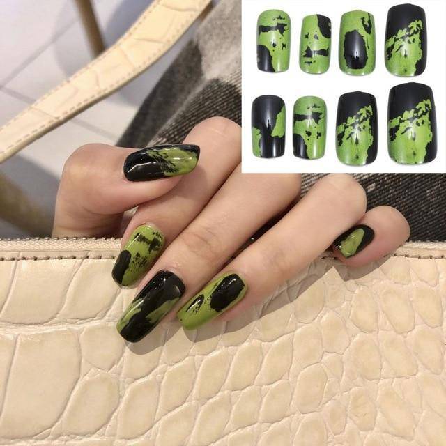 Press On Nails Gradient Matte Glossy Neon String Art Coffin Nail Kit
