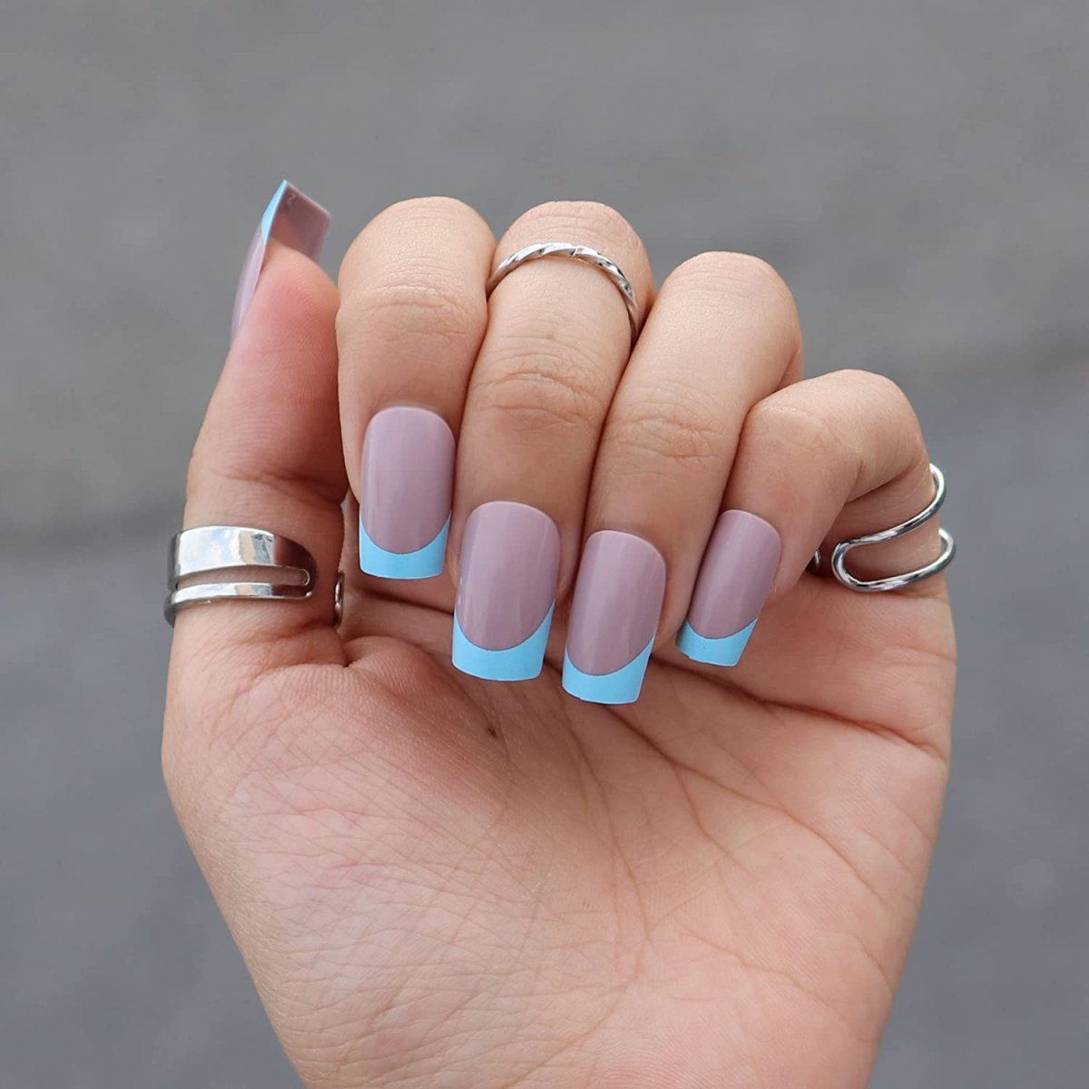 Press On Nails Gray Glossy Blue French Square Nail Kit