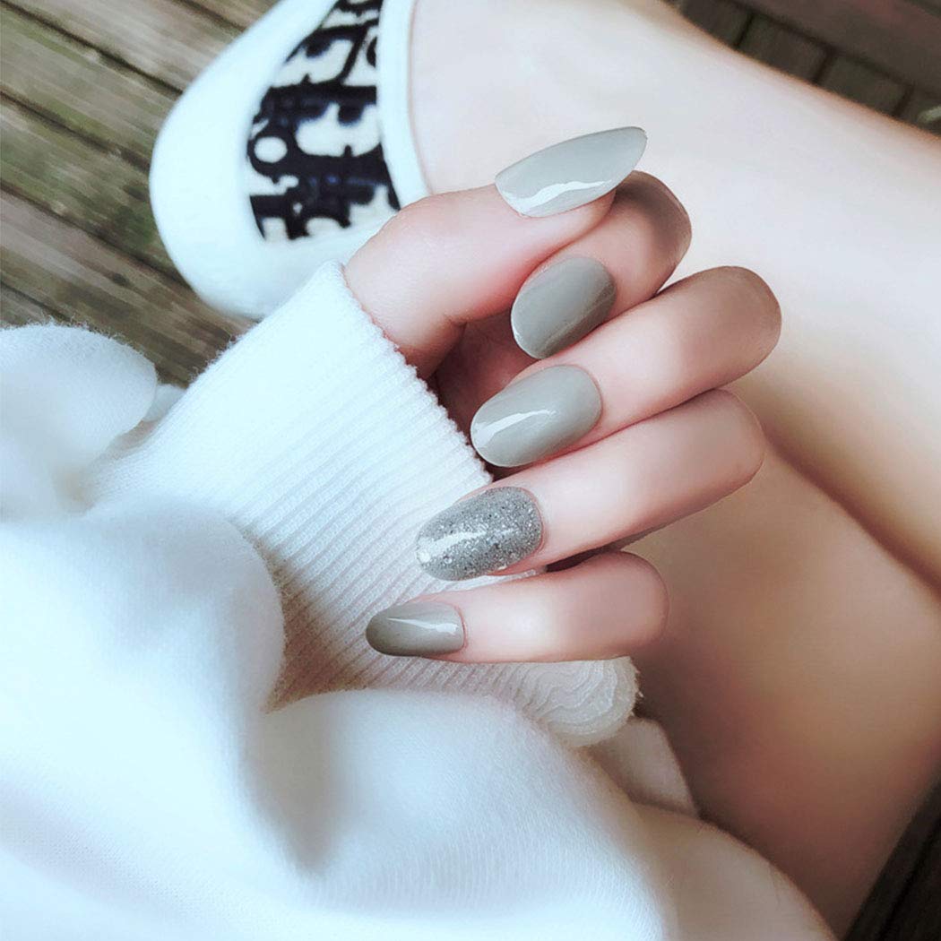 Press On Nails Gray Glossy Oval Glitter Nail Kit
