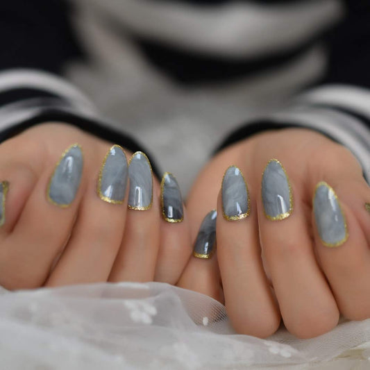 Press On Nails Gray Marble Glossy Almond Gold Nail Kit