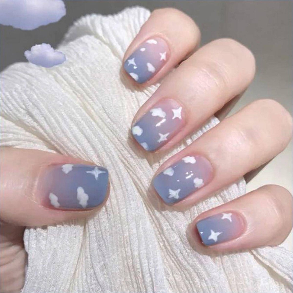 Press On Nails Gray Ombre Glossy Cloud Coffin Star Nail Kit
