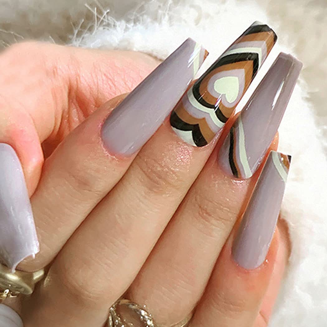 Press On Nails Light Purple Glossy Coffin Heart Nail Kit