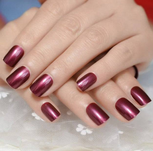 Press On Nails Maroon Glossy Round Metallic Nail Kit