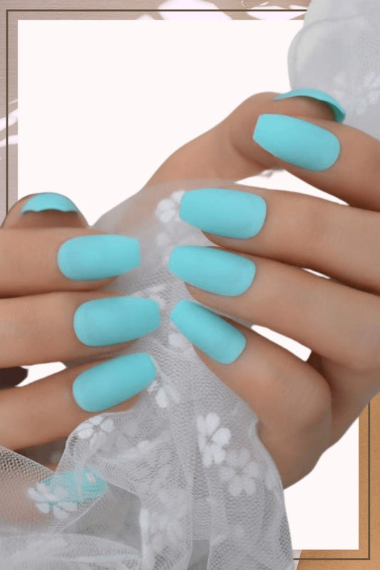 Press On Nails Neon Blue Teal Matte Short Coffin Nail Kit