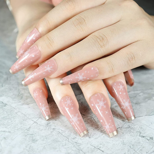 Press On Nails Nude French Glossy Coffin Snowflake Nail Kit