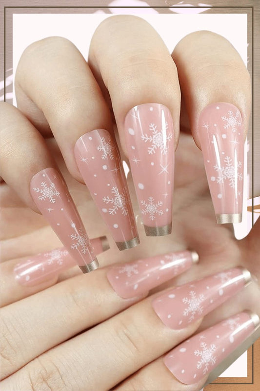 Press On Nails Nude French Glossy Coffin Snowflake Nail Kit