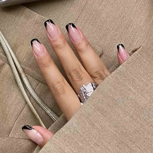 Black French Tip Coffin Press On Nails Kit
