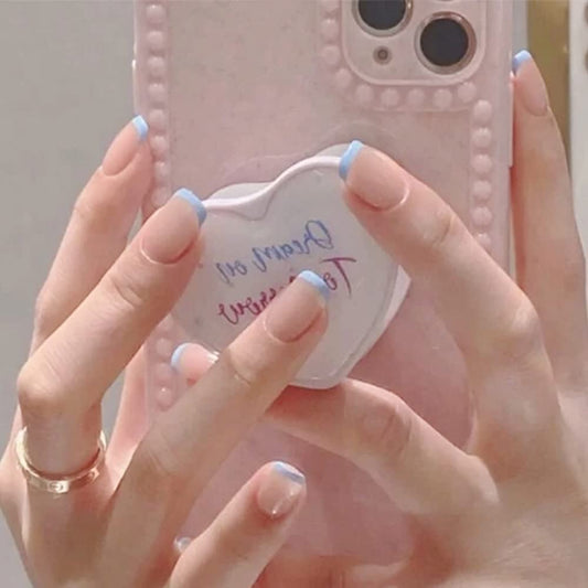 Press On Nails Nude Glossy Blue French Tip Almond Nail Kit