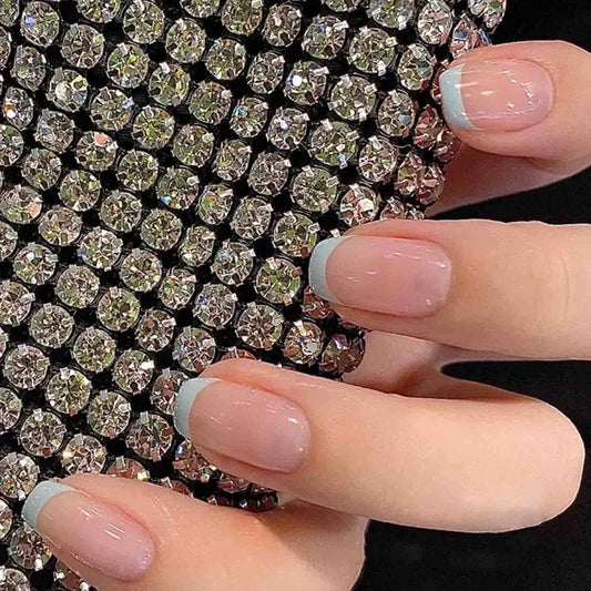 Press On Nails Nude Glossy Blue French Tip Almond Nail Kit