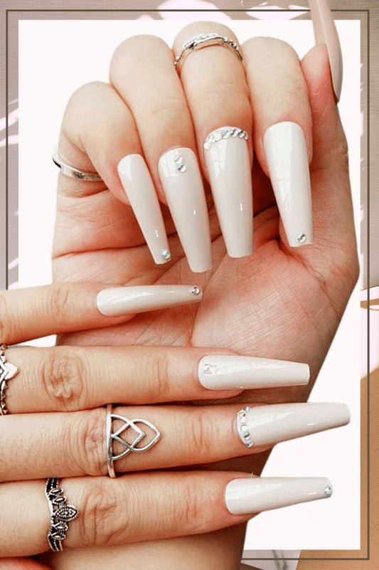 Press On Nails Nude Glossy Coffin Crystal Nail Kit