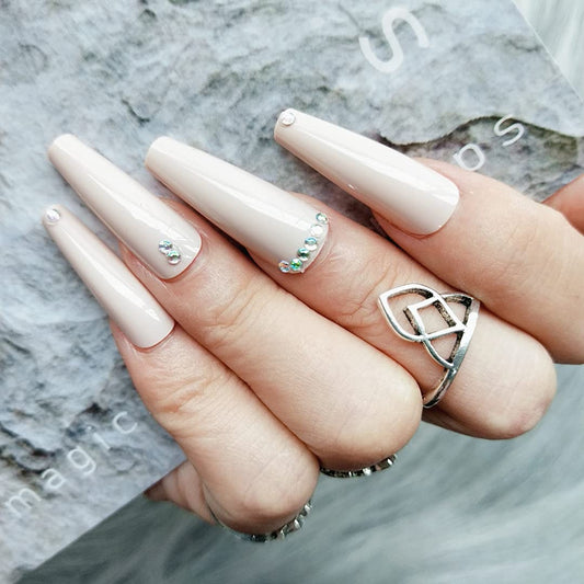 Press On Nails Nude Glossy Coffin Crystal Nail Kit