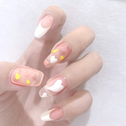 Press On Nails Nude Glossy French Tip Coffin Heart Nail Kit