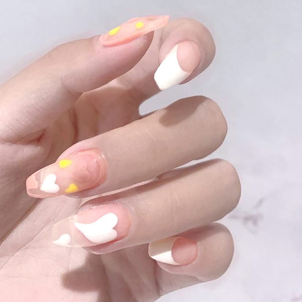 Press On Nails Nude Glossy French Tip Coffin Heart Nail Kit