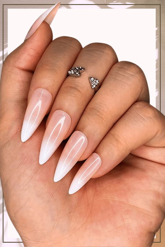 Press On Nails Nude Glossy Ombre White French Almond Nail Kit