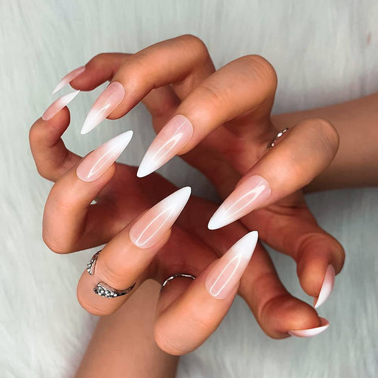 Press On Nails Nude Glossy Ombre White French Almond Nail Kit