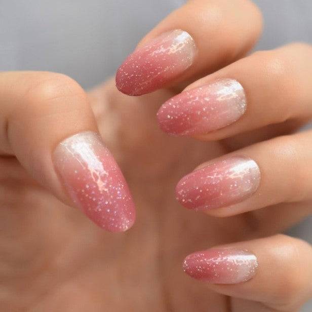 Press On Nails Nude Pink Ombre Glossy Almond Glitter Nail Kit