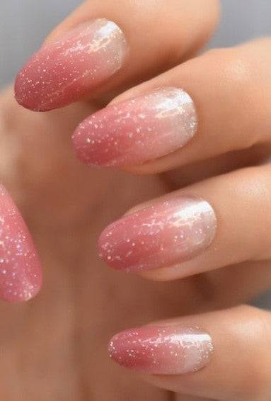 Press On Nails Nude Pink Ombre Glossy Almond Glitter Nail Kit