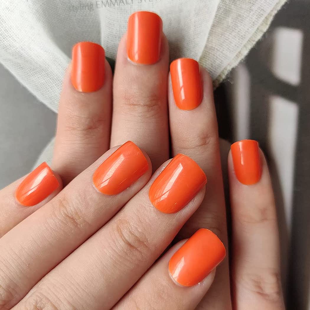 Press On Nails Orange Glossy Square Nail Kit