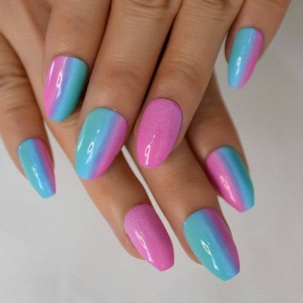 Press On Nails Pink And Blue Glossy Coffin Ombre Nail Kit