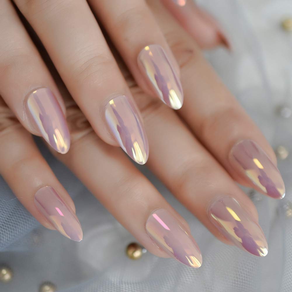 Press On Nails Pink Chrome Glossy Almond Nail Kit