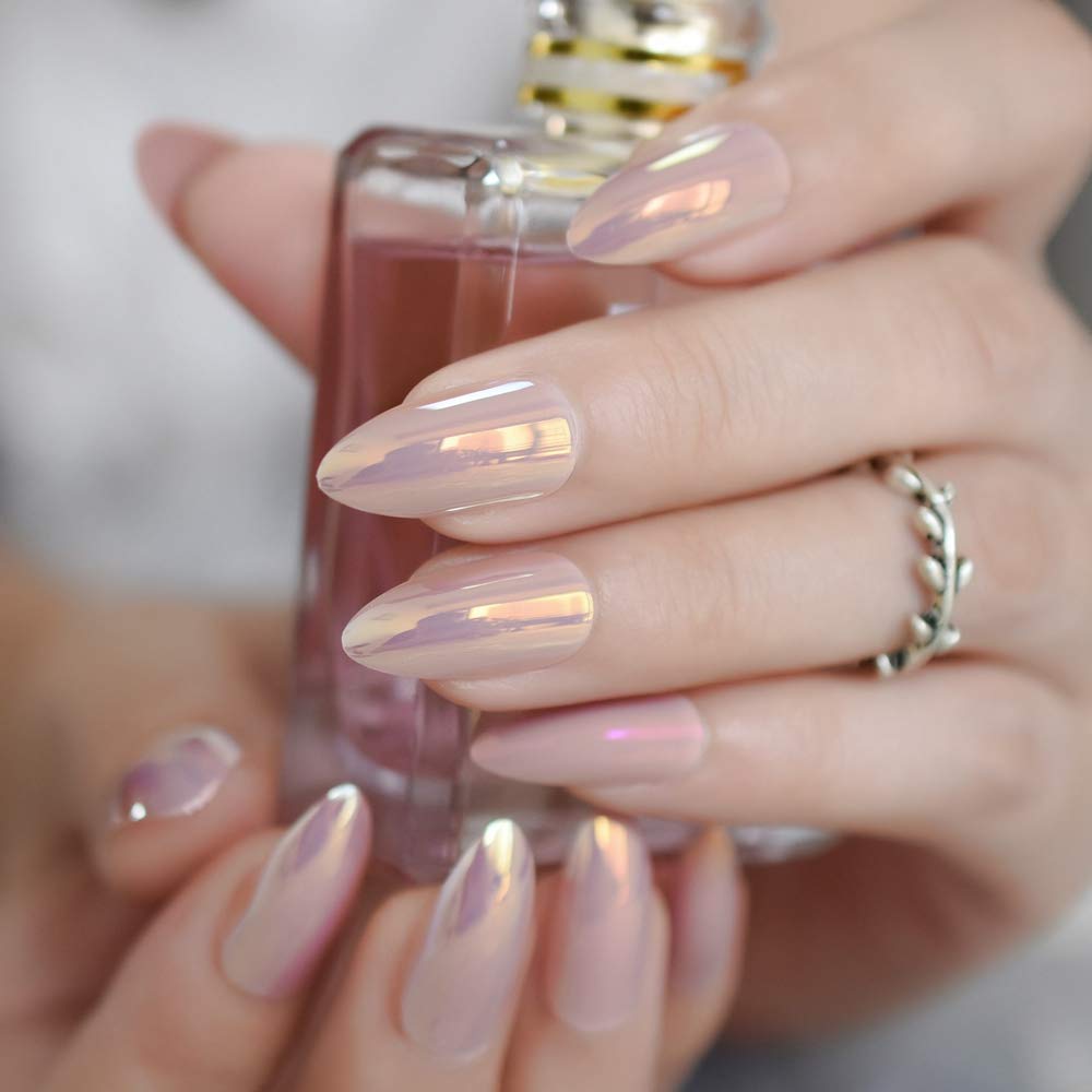 Press On Nails Pink Chrome Glossy Almond Nail Kit