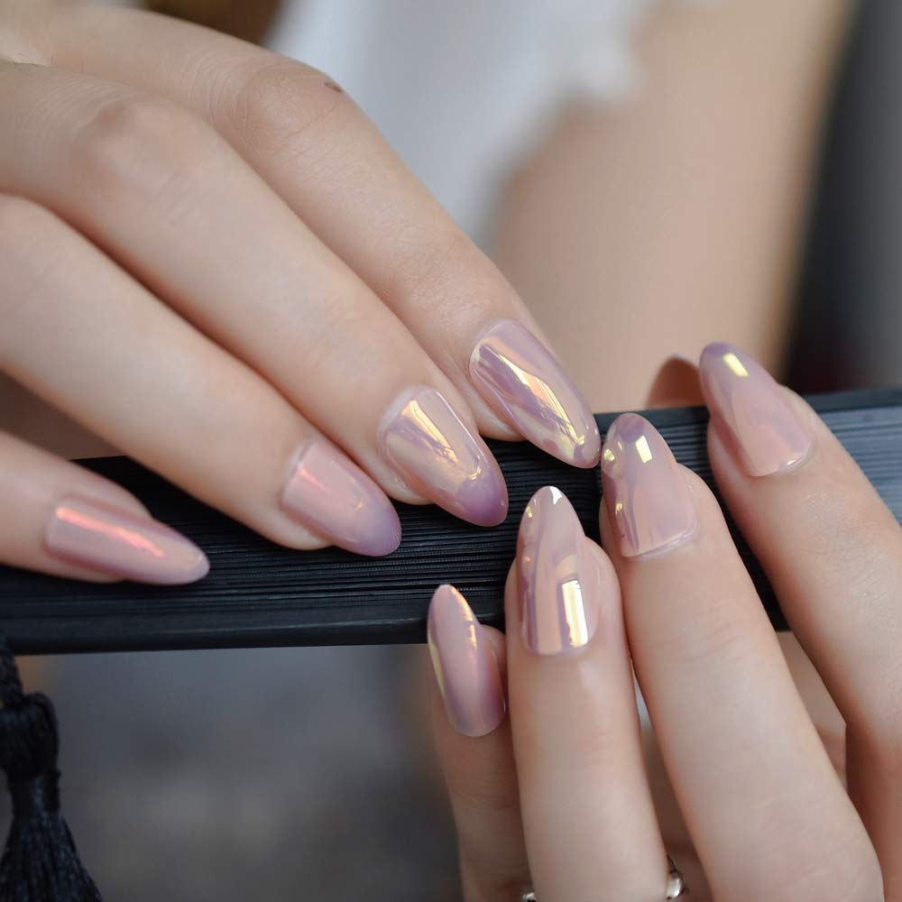 Press On Nails Pink Chrome Glossy Almond Nail Kit