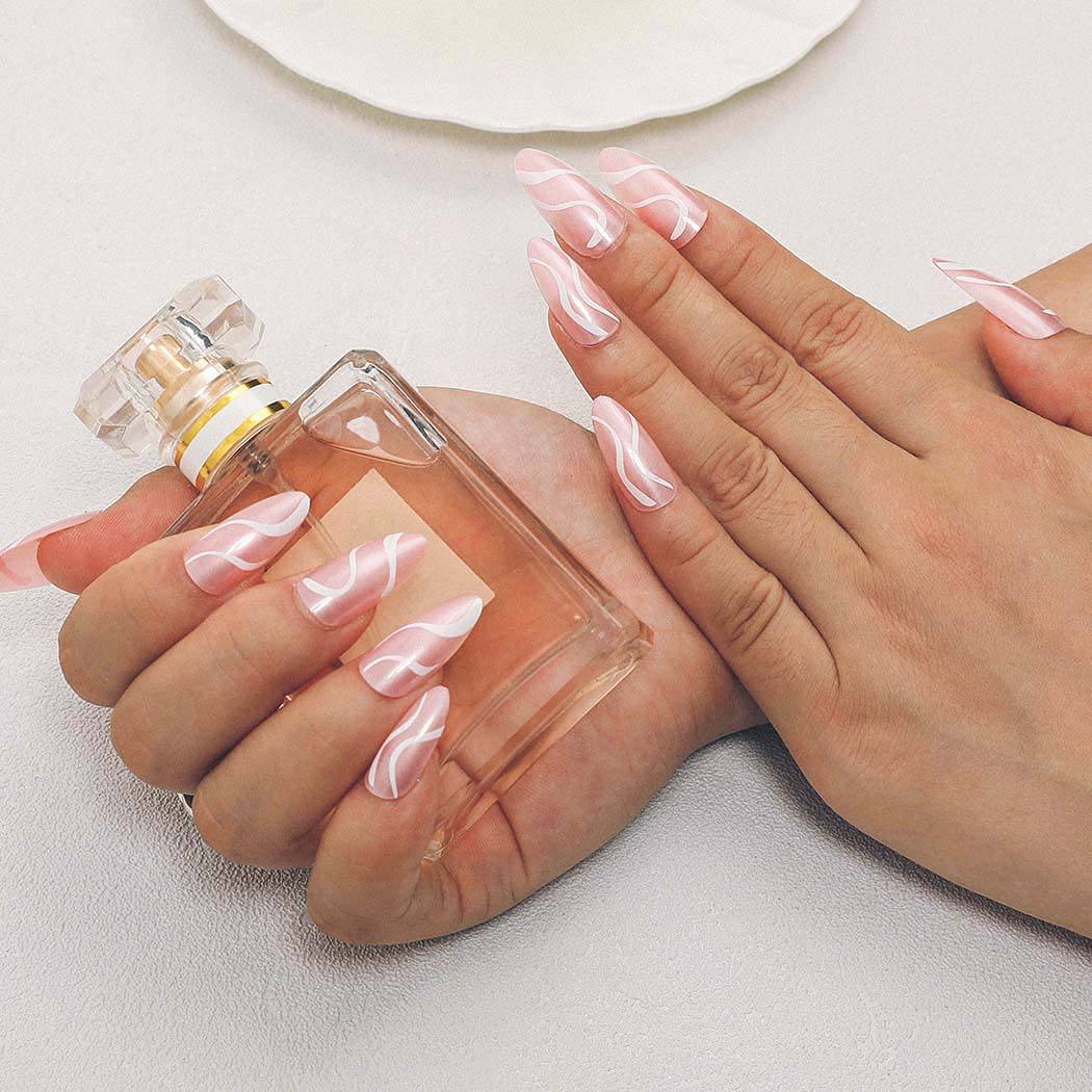 Press On Nails Pink Glossy Almond White Swirl Nail Kit