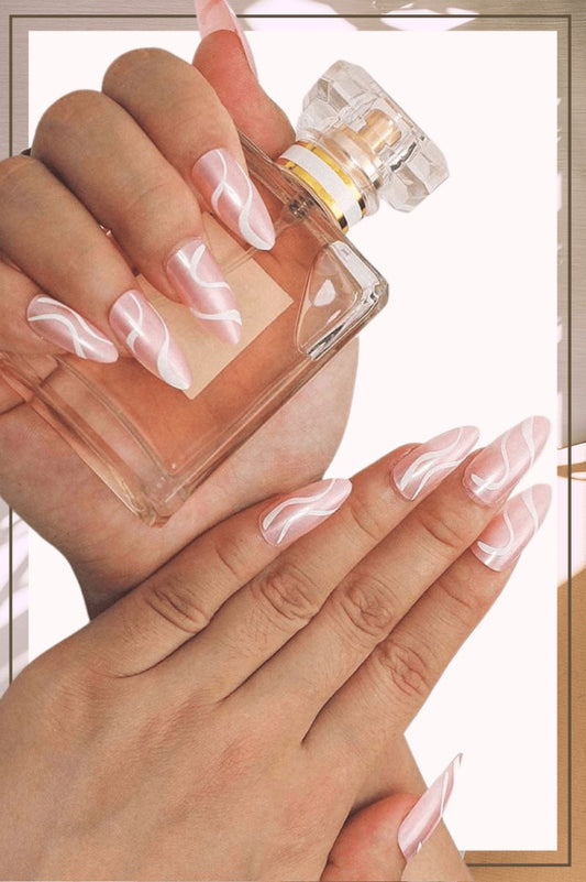 Press On Nails Pink Glossy Almond White Swirl Nail Kit