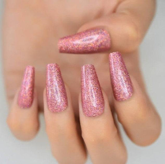 Press On Nails Pink Glossy Coffin Glitter Nail Kit