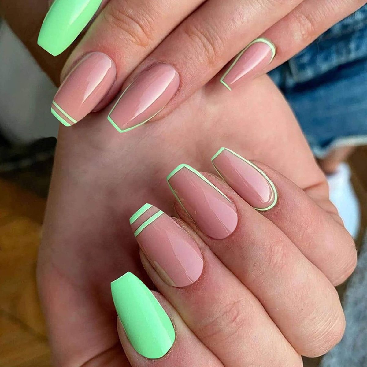Press On Nails Pink Glossy Coffin Green Nail Kit