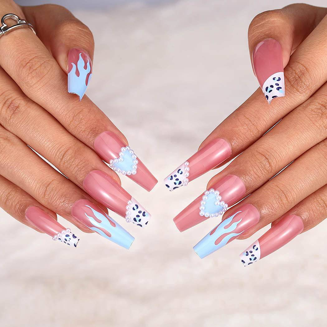 Press On Nails Pink Glossy French Leopard Coffin Heart Nail Kit