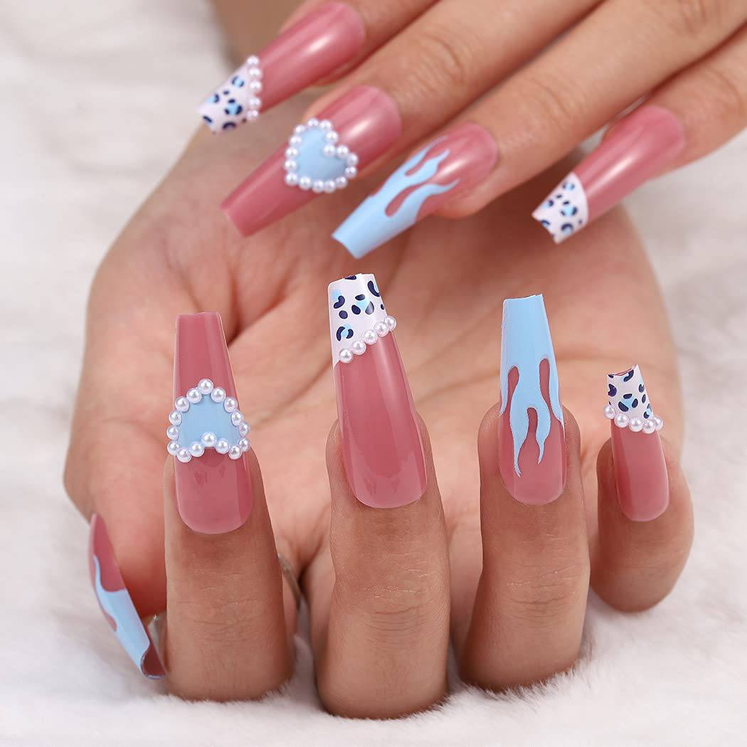 Press On Nails Pink Glossy French Leopard Coffin Heart Nail Kit