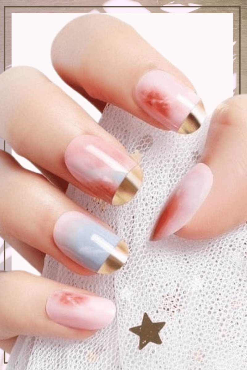 Press On Nails Pink Glossy Gold French Oval Marble Nail Kit