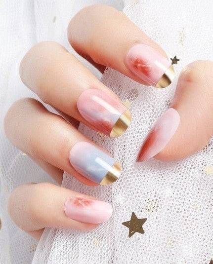 Press On Nails Pink Glossy Gold French Oval Marble Nail Kit