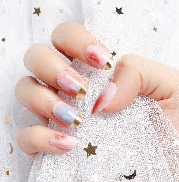 Press On Nails Pink Glossy Gold French Oval Marble Nail Kit