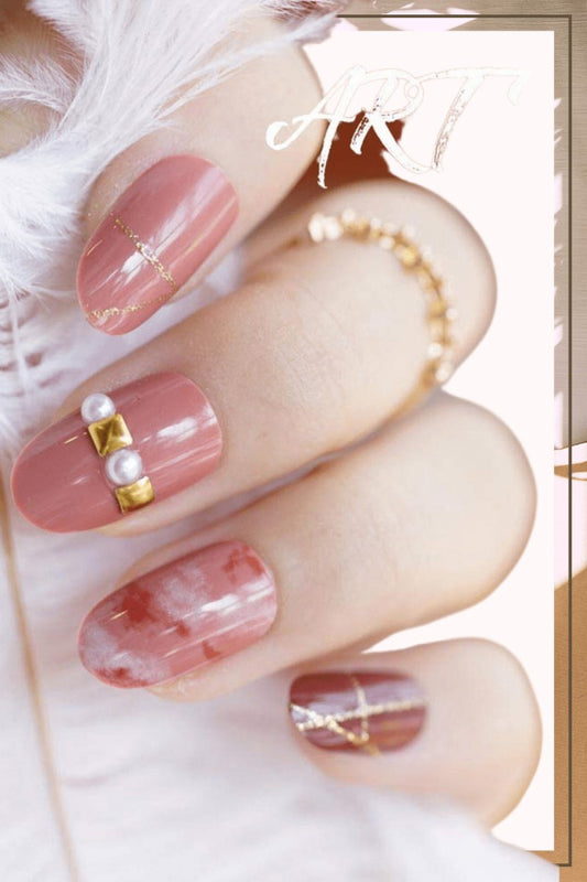 Press On Nails Pink  Glossy Oval Crystal Nail Kit