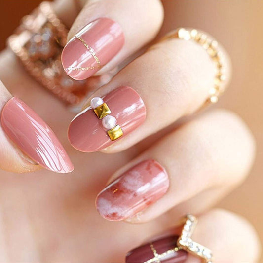 Press On Nails Pink  Glossy Oval Crystal Nail Kit