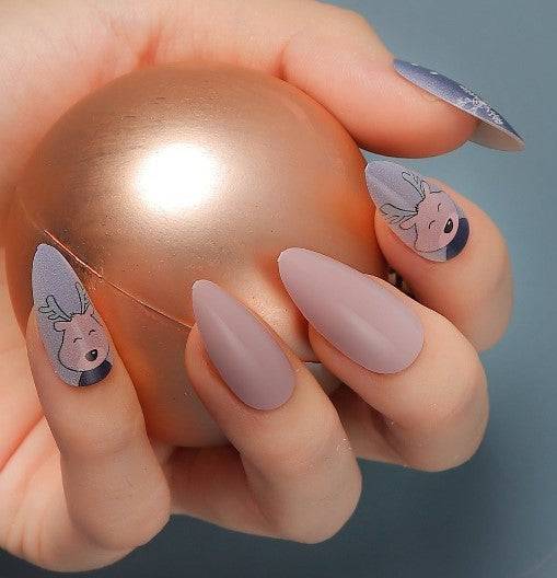 Press On Nails Pink Glossy Purple Almond Reindeer Nail Kit
