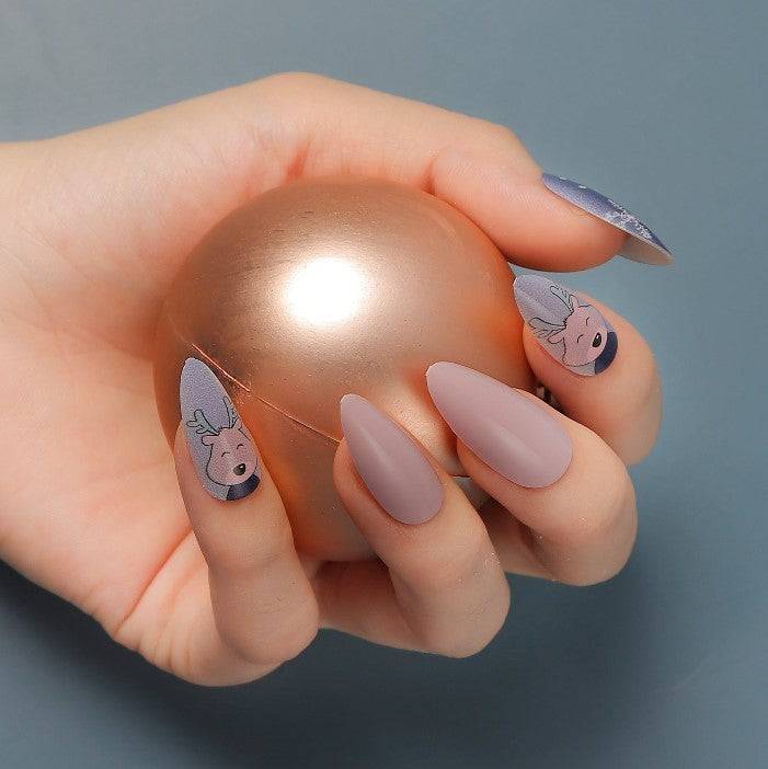 Press On Nails Pink Glossy Purple Almond Reindeer Nail Kit