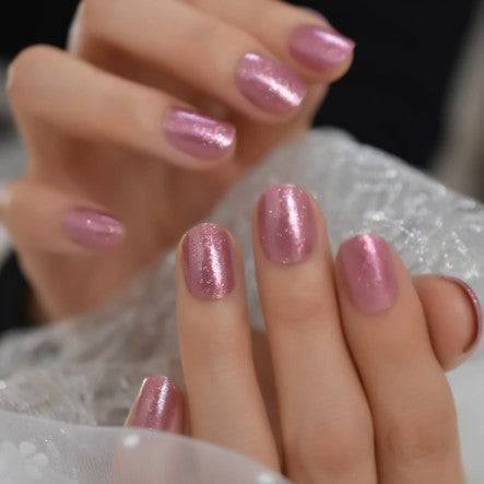Press On Nails Pink Glossy Round Shimmer Nail Kit
