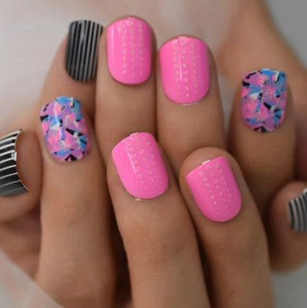 Press On Nails Pink Glossy Round Stripe Nail Kit
