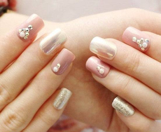 Press On Nails Pink Glossy Silver Square Crystal Nail Kit