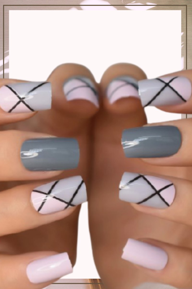 Press On Nails Pink Glossy Square Gray Nail Kit