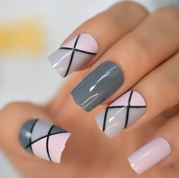 Press On Nails Pink Glossy Square Gray Nail Kit